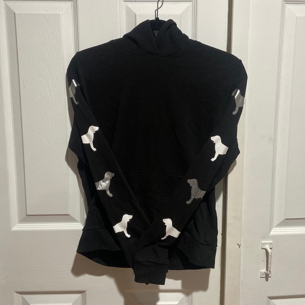 PINK black hoodie with dogs on sleeve